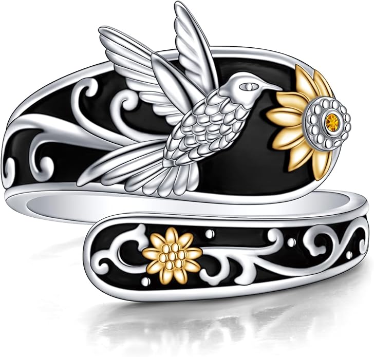 FLYOW Sterling Silver Sunflower Spoon Ring Victorian Style Boho Antique Flower Adjustable Open Ring Retro Statement Cubic Zirconial/Turquoise/Oxidized Thumb Rings for Women Birthday Christmas Jewelry