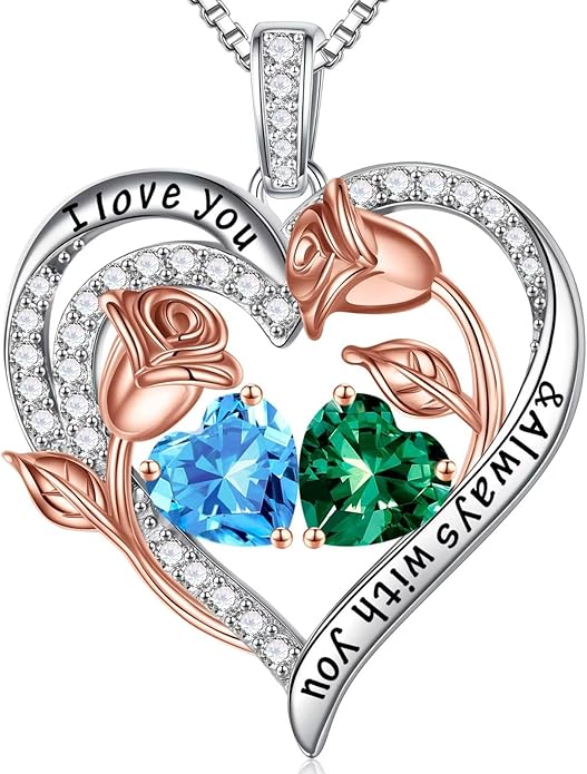 Iefil Valentines Day Gifts for Her - 925 Sterling Silver Rose Heart Birthstone Necklace Birthday Anniversary Jewelry Gifts for Her Wife Mom Daughter