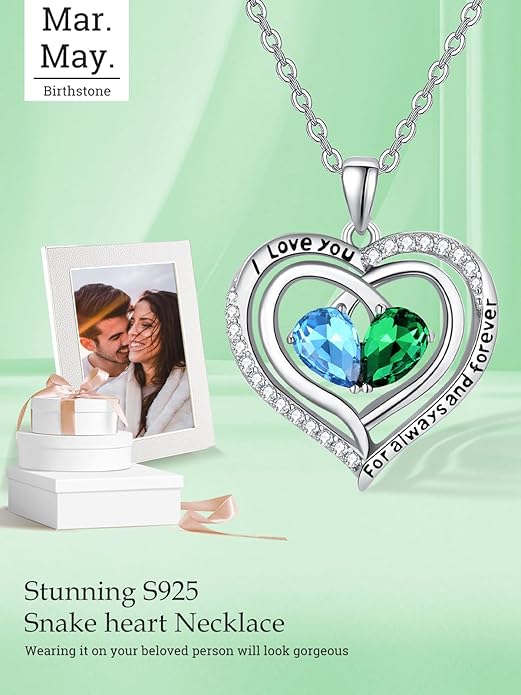 Valentine's Day Gifts for Wife 925 Sterling Silver Double Birthstone Pendant Necklaces I Love You for Always and Forever Necklace Anniversary Birthday Gifts for Wife Girlfriend Mom Her