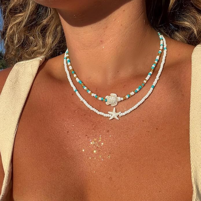 Women's Shell Starfish Boho Layered Beaded Necklace Choker for Summer Beach Vacation Gifts for Birthday/Anniversary/Christmas