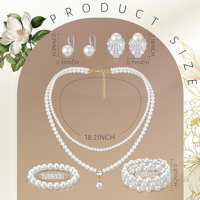 Glenmal Pearl Rhinestone Jewelry Set for Women Pearl Necklace Bracelet Earrings for Wedding Birthday Bridal Shower Tea Party