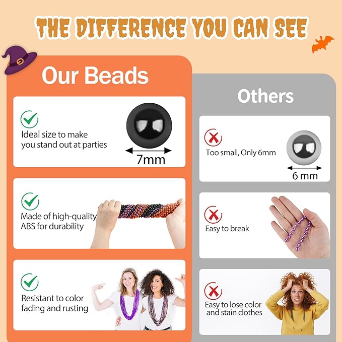 ZYFLSQ 100PCS Halloween Beads Necklace, 33" 7mm Halloween Necklaces Bulk, Metallic Beaded Necklaces, Halloween Parade Throws Accessories, Party Favors Decorations (Purple/Black/Orange)
