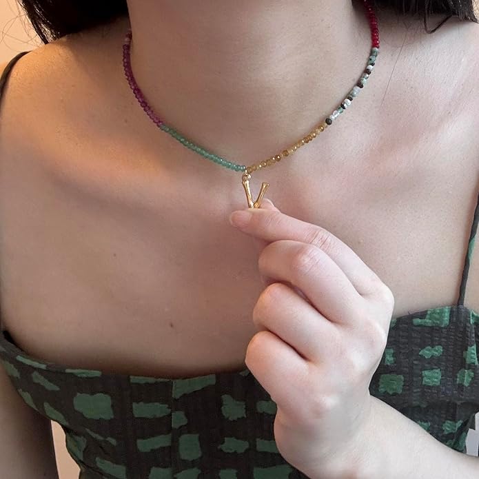 Beaded Initial Necklace for Women, Boho Natural Stone Semi-Precious Stone 18K Gold Plated Letter Pendant Rainbow Colorful Trendy Alphabet Dainty Choker Jewelry for Women Summer Beach Party
