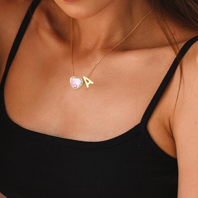 Valentines Day Gifts for Her- Heart Birthstone Initial Necklace for Women Girls,14K Gold Plated Heart Letter A-Z Necklace Birthday Trendy Jewelry Gifts for Women Girls Daughter