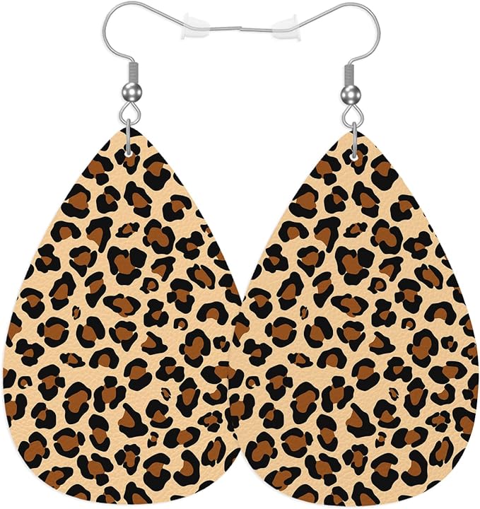 Brown Leopard Print Faux Leather Earrings Fashion Wild Animal Leopard Skin Fur Teardrop Leather Dangle Earrings Women Earrings For Wedding Bridal
