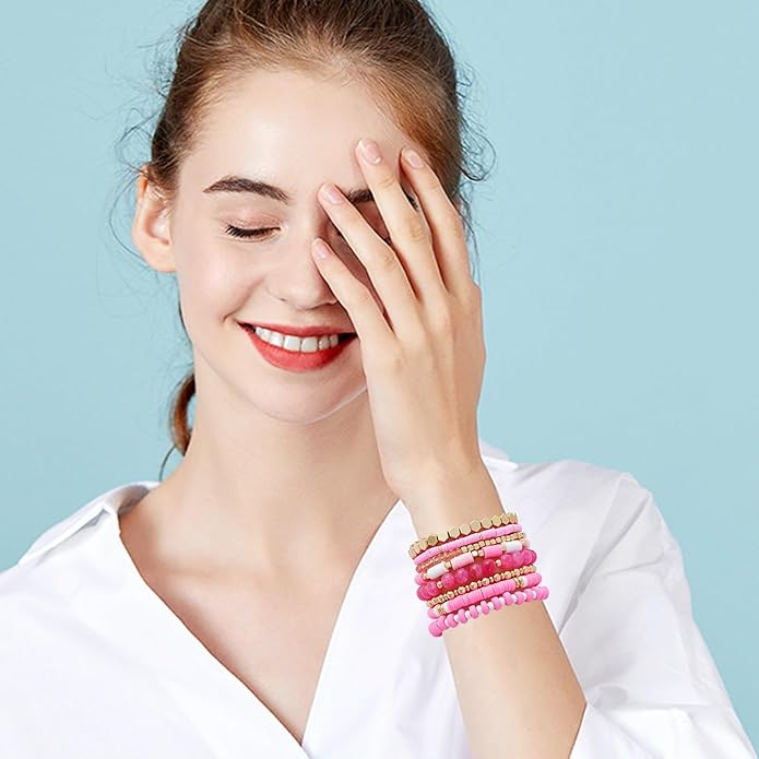GOOJIDS Surfer Heishi Clay Bead Bracelets for Women Bohemian Stackable Gold Plated Beaded Stretch Bracelets Elastic Layering Friendship Bracelets Set Boho Jewelry
