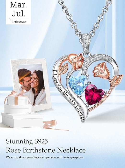 Valentine's Day Gifts for Wife 925 Sterling Silver Double Birthstone Pendant Necklaces I Love You for Always and Forever Necklace Anniversary Birthday Gifts for Wife Girlfriend Mom Her