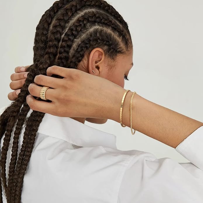 PERNNLA PEARL Dainty Gold Bar Bracelet for Women Simple Delicate Thin Cuff Bangle Hook Bracelet 18K Gold Plated Handmade Minimalist Jewelry