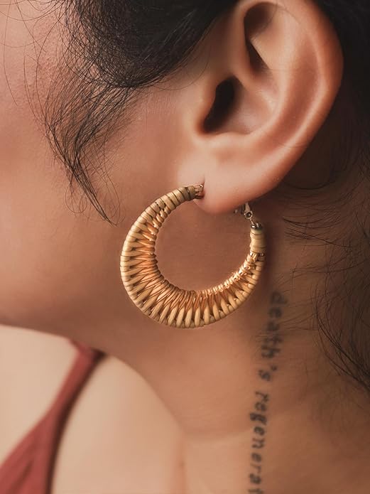 MINACHI Boho Handwoven Rattan Hoop Earrings, Bohemian Summer Beach Statement Jewelry Gift for Women (2)