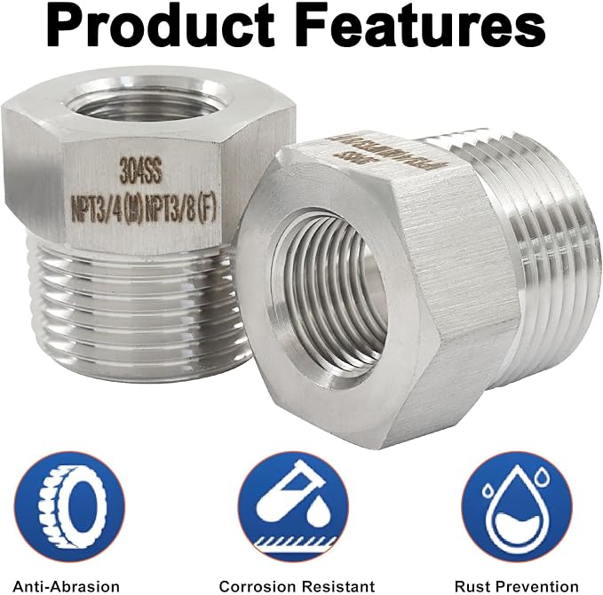 3/4" Male NPT to 3/8" Female NPT Hex Bushing Reducer, 2 Pack | 304 Stainless - Image 4