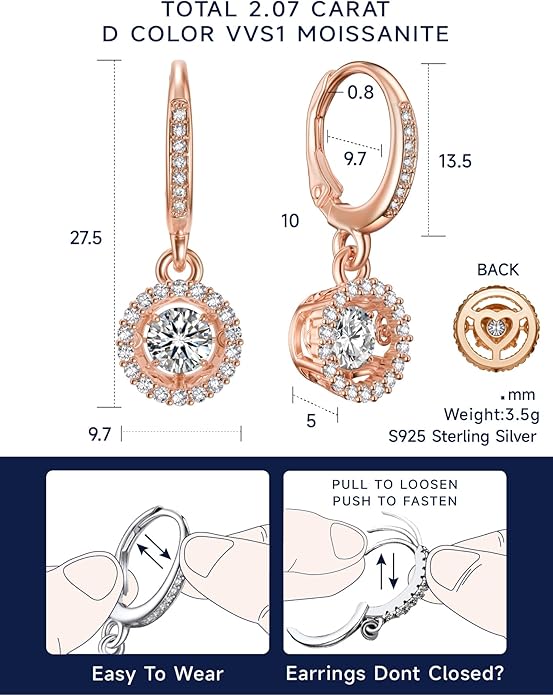 MomentWish Dangle Earrings for Women-925 Sterling Silver Moissanite Earring, Women's Gift for Valentine Birthday, D Color VVS1 Dancing Moissanite Hoops