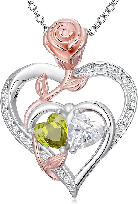Rose Flower Heart Pendant for Women Birthday Gifts 18k Gold Plated Mother Daughter Necklace with 12 Months Birthstone Christmas Valentines Day Gifts for Her Mom Anniversarry Jewelry for Mom Wife Girlfriend