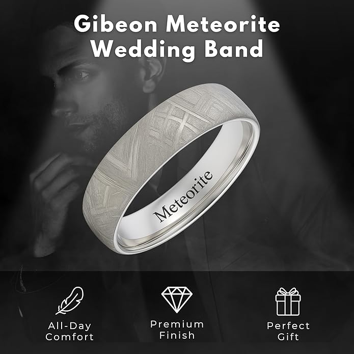 The Jewelry Source 6mm Gibeon Meteorite Men’s Wedding Band - Cobalt Chrome Ring - Genuine Meteorite Inlay - Comfort Fit