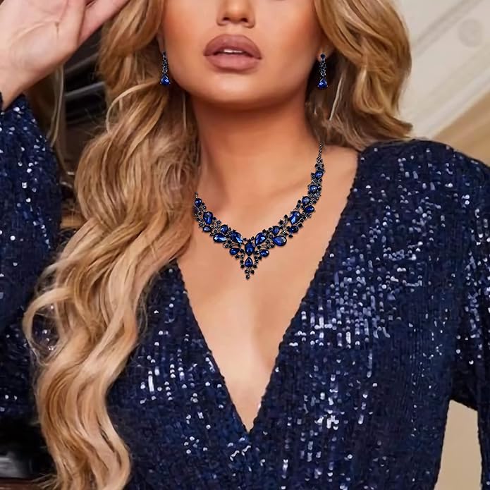 BriLove Women's Wedding Bridal Austrian Crystal Teardrop Cluster Statement Necklace Dangle Earrings Jewelry Set