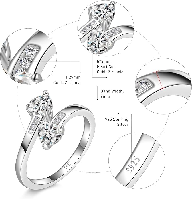 1CT Adjustable Women Heart Ring 925 Sterling Silver Birthstone Rings for Women Promise Ring for her Simulated Gemstone Statement Stackable Band Width 2mm Open Size 5~9