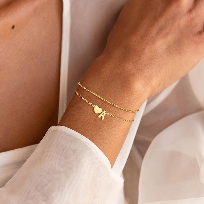 Valentines Day Gifts for Kids Women Girls, 14K Gold Plated Heart Initial Bracelet Teen Girl Gifts Trendy Stuff Dainty Gold Bracelets for Women Girls Valentines Day Gifts