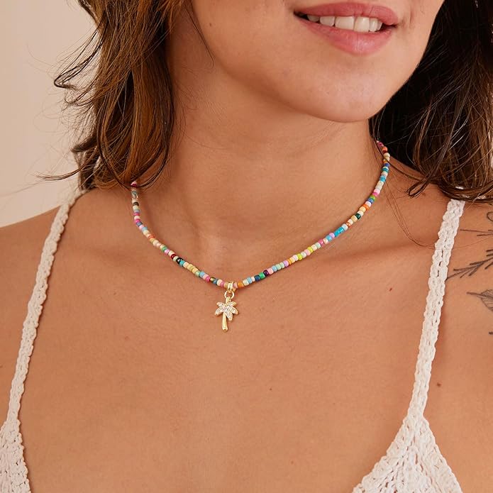VRIUA Colorful Beaded Necklaces for Women – Summer Beach Boho Starfish, Conch, Shell, Pearl, Palm tree Pendant Necklace Jewelry