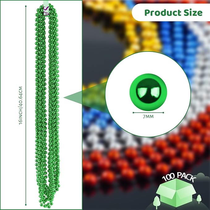 ZYFLSQ 100 Pcs 33" 7mm Metallic Green Beads Necklaces, Bulk Mardi Gras St. Partrick's Day Beaded Necklaces, Party Beads Costume Necklaces (Green)