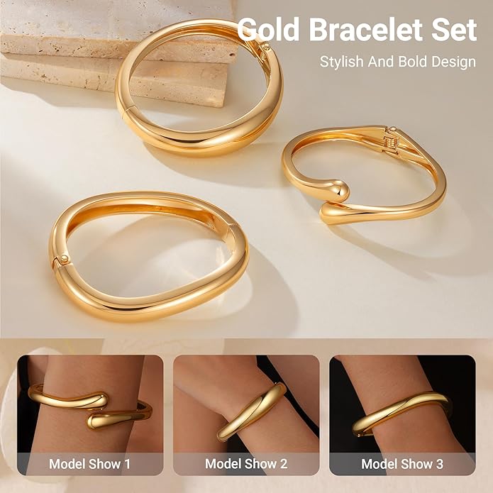 Chunky Gold Bangle Bracelets for Women, Premium Zamak 3 Alloy with 14K PVD Vacuum-Ion Plating & Electrophoretic Finish, Ideal for Parties, Weddings, Christmas & Valentine’s Day Gifts