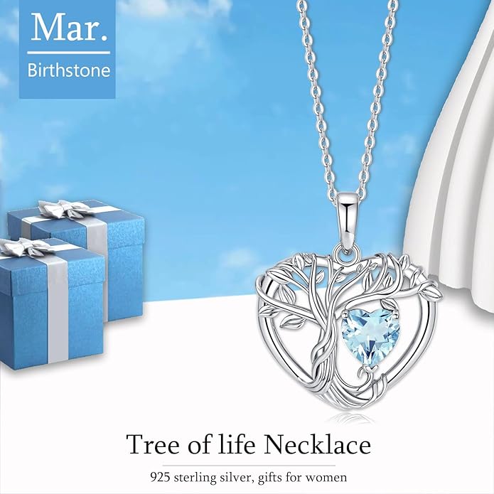 Tree of Life Necklaces for Women 925 Sterling Silver Heart Pendant Birthstone Necklace Created Gemstone Jewelry for Her, 18"+2"