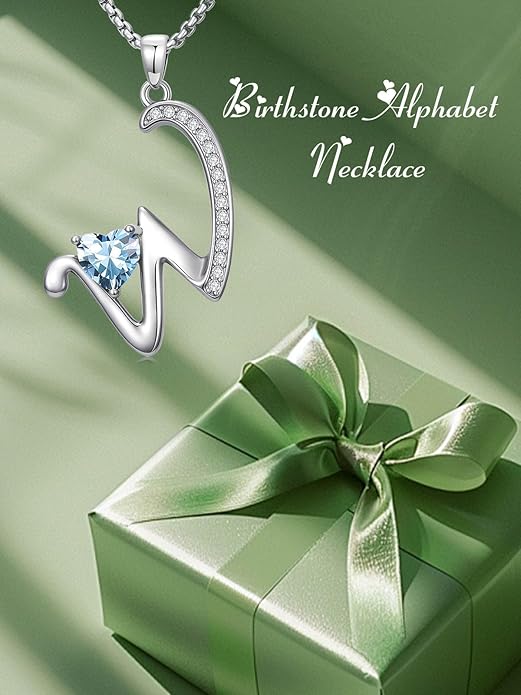 Valentines Day Gifts for Women Alphabet A to Z Initial Birthstone Pendant Necklaces for Women - 18k White Gold Plated Personalized Name Jewelry Valentine Mothers Day Birthday Gifts for Women Her Girlfriend
