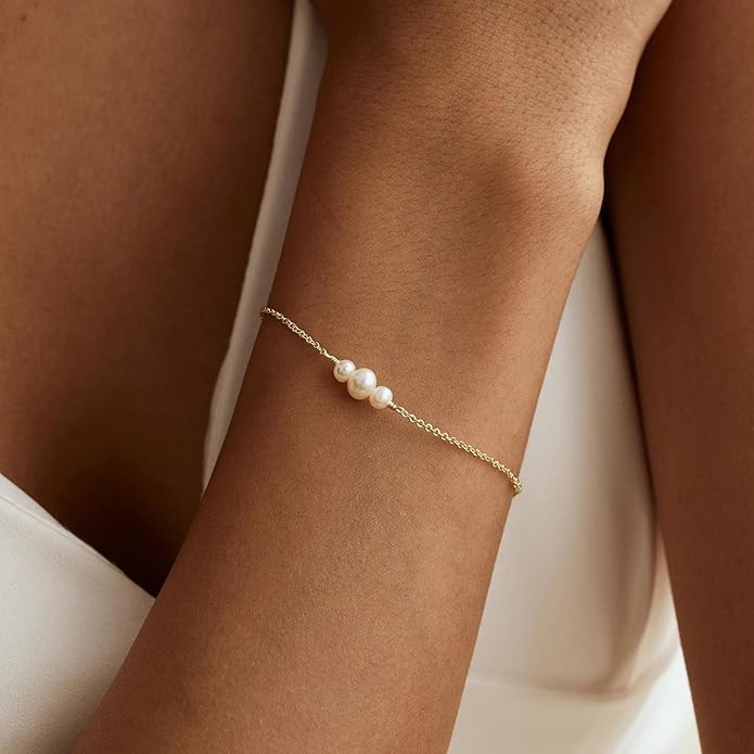 SLOONG Valentines Day Gifts for Her Gold Pearl Bracelets, 18K Real Gold Plated Dainty Stackable Snake Chain CZ Heart Pendant Bracelets, Layered Waterproof Jewelry Gift for Women Adjustable 6"+2"