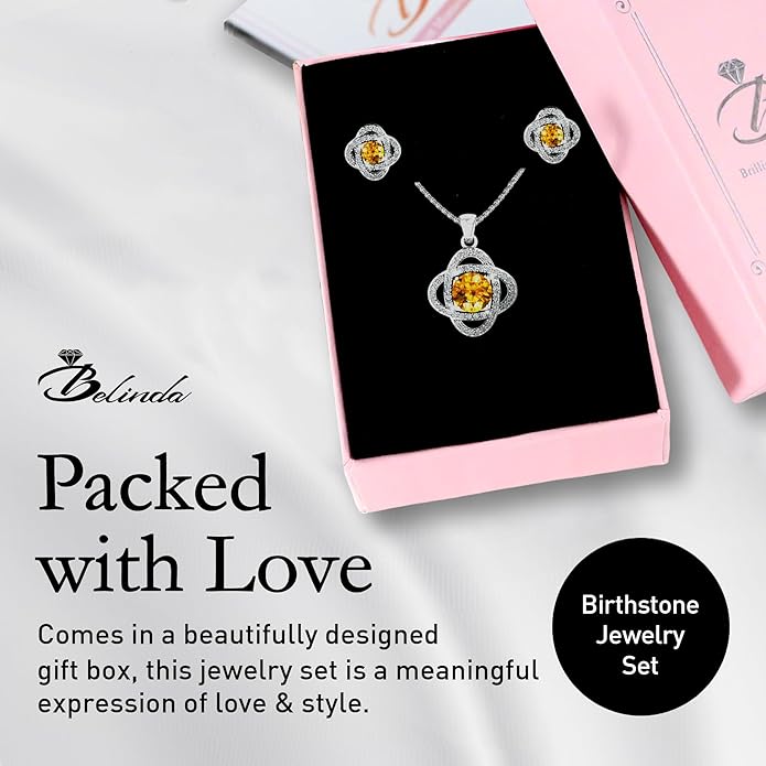 Women 925 Sterling Silver Cute Love Knot Sparkling Gemstone Push Back Stud Earrings Hanging Pendant Necklace Beautiful Fine Jewelry Accessory Set, 1.65 Carat
