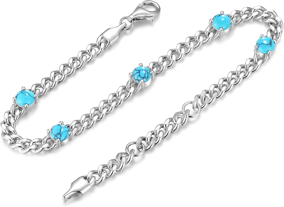 FANCIME 925 Sterling Silver 3.6mm Cuban Link Curb Chain Bracelet With Created Gemstone for Women Men Unisex
