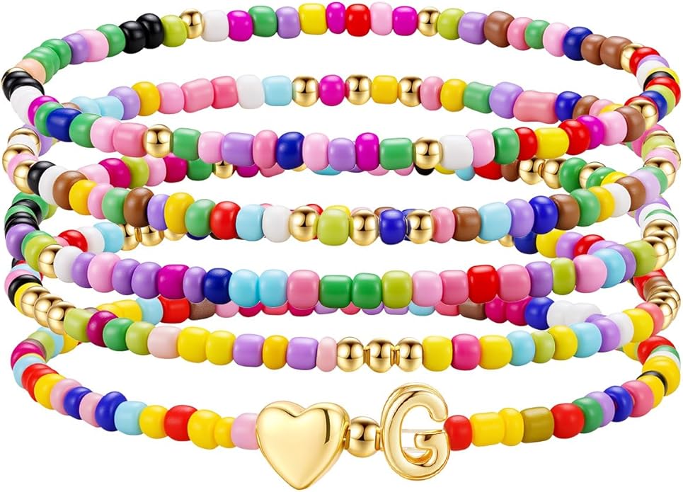 M MOOHAM Valentines Gifts for Kids - 5PCS Colorful Beaded Initial Bracelets for Girls Women Cute Stretch Heart Letter Bracelet Initial Stackable Bracelet Birthday Gift Jewelry for Kids Teen Girl