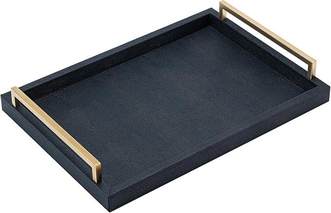 XIGEXIGE Black Faux Leather Serving Tray, 17x12 inches, Brushed Gold Handles - Image 2