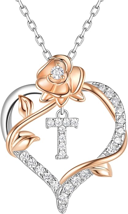 Valentines Day Gifts Rose Heart Letter Initial Necklace for Women, S925 Sterling Silver Pendant Necklace Adjustable Dainty Rose Flower Jewelry Gift for Her