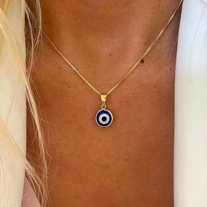 Evil Eye Necklace for Women 14K Gold Plated Delicate Necklaces Blue White CZ Diamond Pendant Necklace Cute Boho Tiny Evil Eye Lucky Protection Jewelry Gift for Women