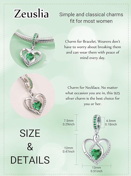 Heart Birthstone Charms for Bracelets, 925 Sterling Silver Women Bead Charms for Charm Bracelets Necklace, Mother's Day Birthday Anniversary Jewelry Gifts for Wife Mom Grandma Daughter