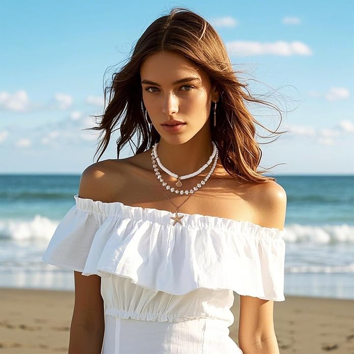 Gold Sea Shell Necklace Layered Charm Necklace for Women Boho Summer Seashell Beach Starfish Necklaces 14k Pearl Chain Surfer Jewelry Beach Vacation Essentials
