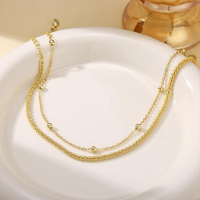 Ankle Bracelets for Women, Glitter Waterproof Adjustable Anklet for Women, 14K Gold Plated/Sterling Silver Layered Anklets, Summer Beach Anklet Jewelry for Women Gift