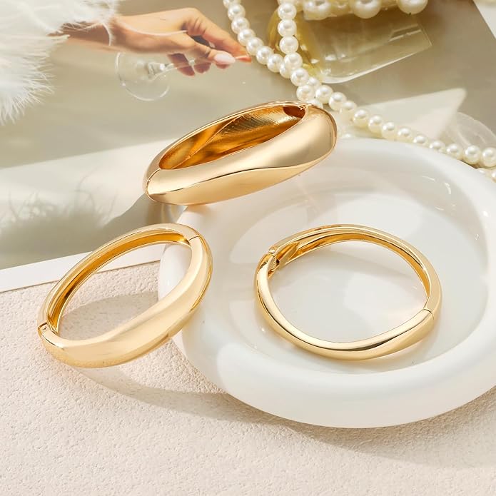 3Pcs Chunky Gold Bangles Bracelets for Women, Spring Hinged Big Stackable Bangles Set, Trendy Cuff Bracelet Stack Fashion Jewelry Gifts