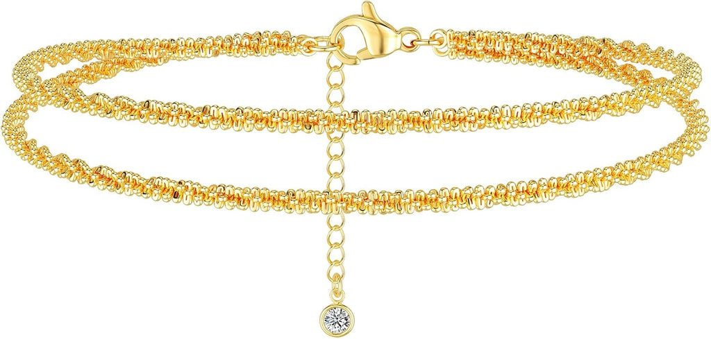 DEARMAY Dainty 14K Gold Plated Ankle Bracelets for Women, Waterproof 14K Gold Plated Link Chain Anklets Non Tarnish Set Pack Summer Beach Jewelry Gift