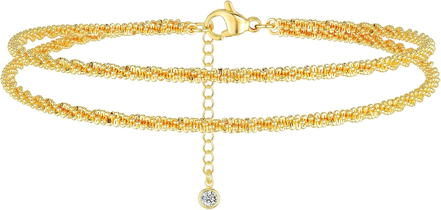 DEARMAY Dainty 14K Gold Plated Ankle Bracelets for Women, Waterproof 14K Gold Plated Link Chain Anklets Non Tarnish Set Pack Summer Beach Jewelry Gift
