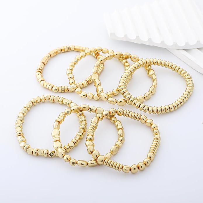 Gold Plated Beaded Bracelets for Women Trendy, 14K Gold Plated Stack Cross Pearl Gold Plated Bead Stretch Bracelets Set Elastic Hypoallergenic Bracelets Jewelry Gifts