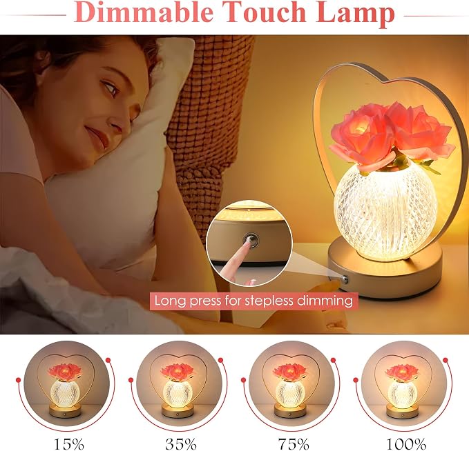 AMWGIMI Women Gifts Rose Flower Lamp Cordless LED Touch Lamp Decor Gift | - Image 3