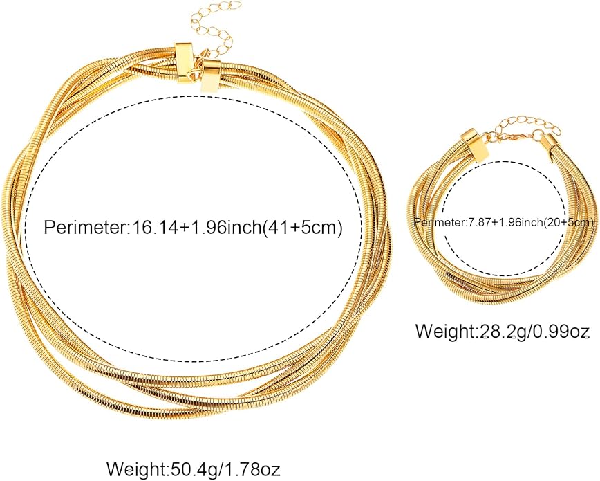 YBMYCM Chunky Gold-plated Silver Jewelry Set Multi Strands Stainless Steel Choker Necklace Bracelet Set for Women