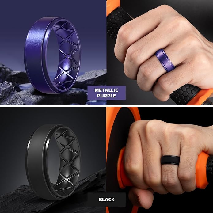 Egnaro Men's Rings 8.5mm Wide-2mm Thick Inner Arc Ergonomic Breathable Rubber Wedding bands-Hypoallergenic for Gym/Outdoor/Gift((1-7 Variety Pack with Half Size)