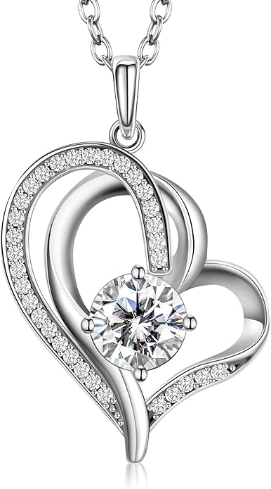 NORBU Moissanite Necklace for Women, 1 CT D Color VVS1 Clarity Round Cut, 925 Sterling Silver Heart Necklace with 18K White Gold Plated, Jewelry Gift for Wedding Anniversary Birthday Christmas Valentine's Day