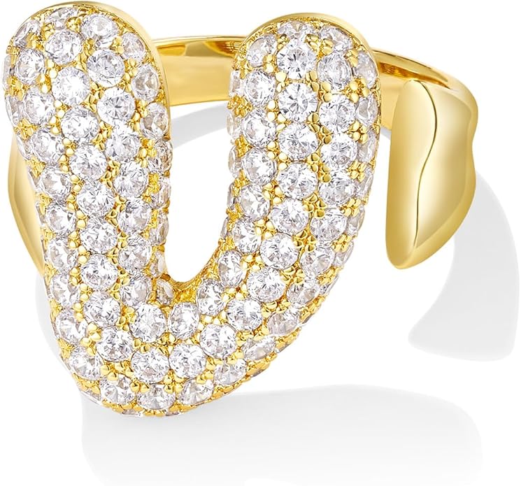 KissYan Bubble Initial Ring Valentines Day Gifts for Women, 14k Gold Plate Balloon Jumbo Letter Rings Open Adjustable Dainty Pave CZ Personalized Fashion Trendy Statement Jewelry