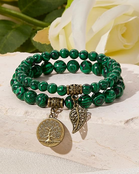 Bivei Natural Semi Precious Gemstone beads bracelet for women - Life Tree and Leaf Charm Energy Reiki Crystal Stretch Bracelets