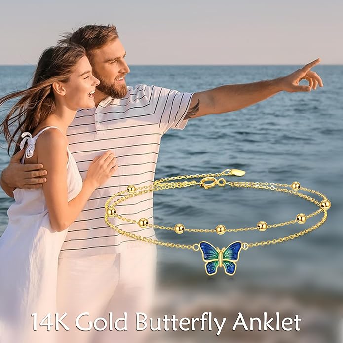 KECHO 14k Yellow Gold Butterfly/Dragonfly/Frog/Sunflower/Daisy/Tree of life/Moon/Clover Bracelet Anklet for Women