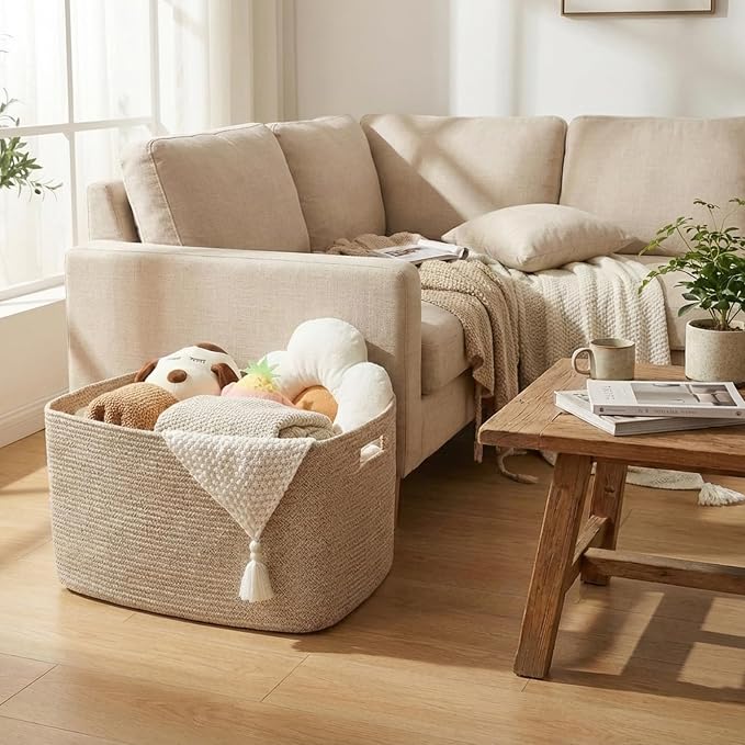 JMvicyroam 65L Large Woven Cotton Rope Blanket Basket, Oatmeal | Blanket Storage - Image 2