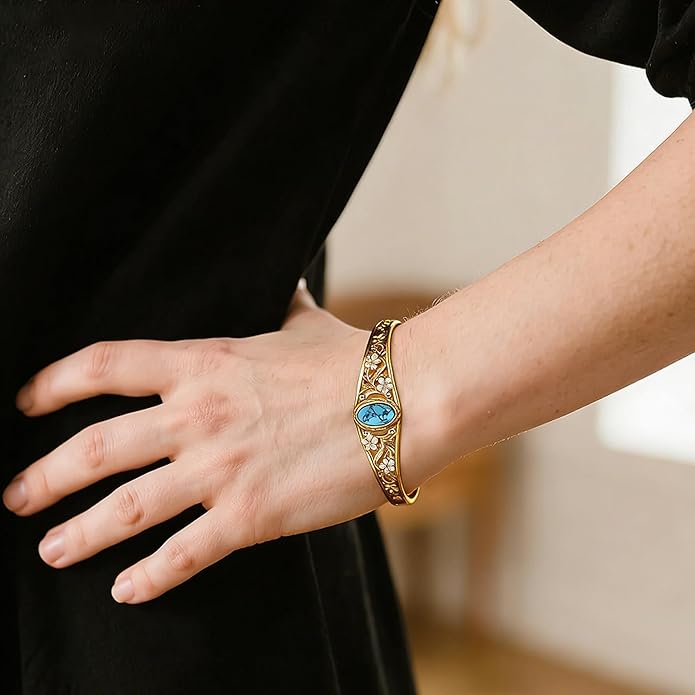 GEHN Bangle 10K 14K 18K Solid Gold Turquoise Bangle Vintage Flower Bracelet Bangle Boho Adjustable Bangle Personalised Jewelry for Women Mother Valentine's, Birthday Gift