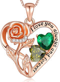 925 Sterling Silver Double Birthstone Rose Flower Heart Jewelry Necklaces for Women Anniversary Love Forever Necklaces for Her Birthday Gifts for Wife Girlfriend Mom Mothers Day Rose Gold