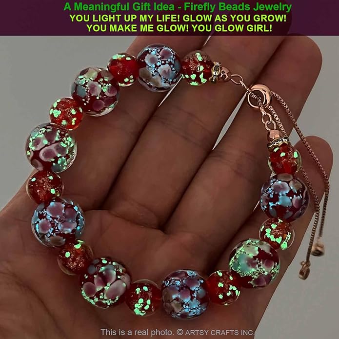 ARTSY Crafts Lily Garden Glow in the Dark Firefly Bead Bracelets Necklaces, Handmade in USA Murano Glass Jewelry, Flower Luminous Beads Mermaid Crystal Bracelet Bangle